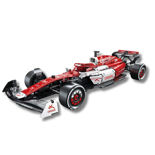 1:8 scale affordable brick-built F1 race car model in red, black, and white, featuring aerodynamic details, realistic tires, front and rear wings, and racing decals