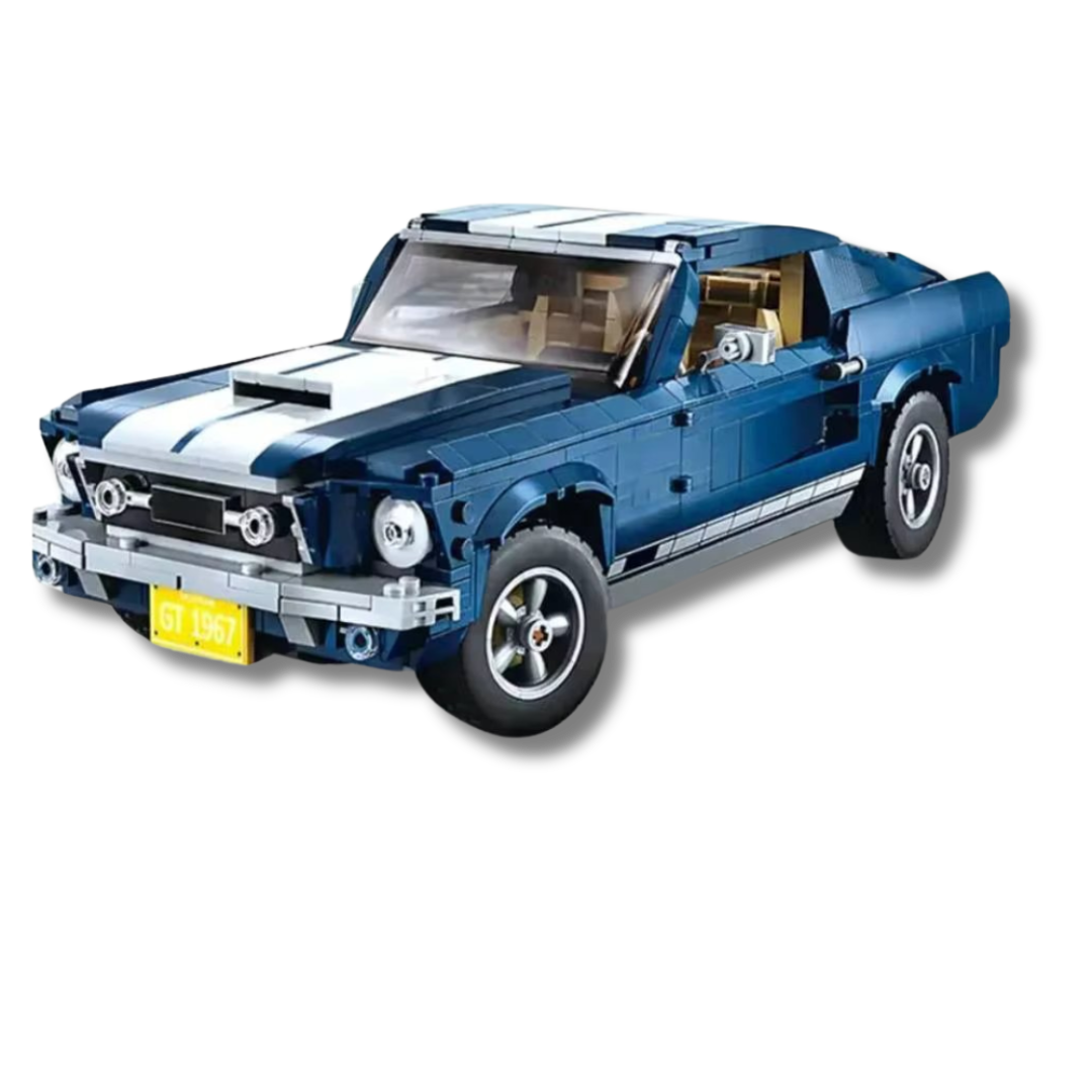 lego alternate builds 1960s Ford Mustang model in dark blue with white racing stripes, featuring realistic details like a front grille, headlights, GT emblems, and a yellow license plate reading 'GT 1967