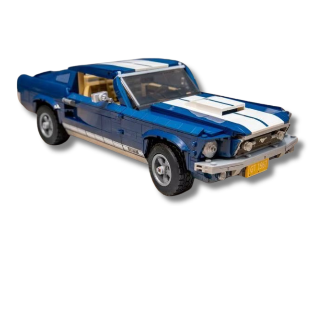 lego alternate builds model of a classic 1960s Ford Mustang in dark blue with white racing stripes, featuring a realistic front grille, headlights, GT emblems, and a 'GT 1967