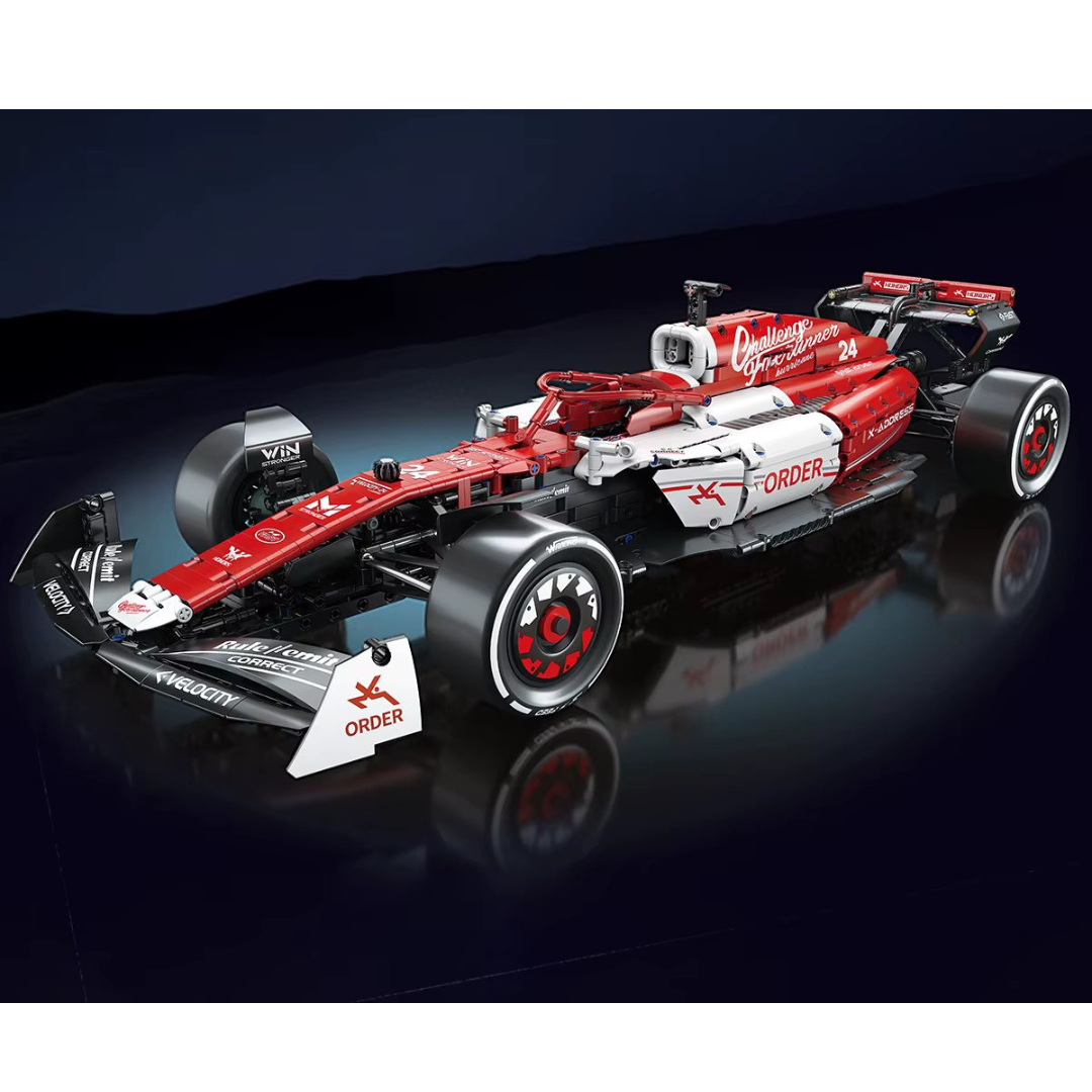 affordable Brick-built F1 race car model in red, white, and black with aerodynamic details, realistic tires, and sponsor decals, displayed against a sleek dark background