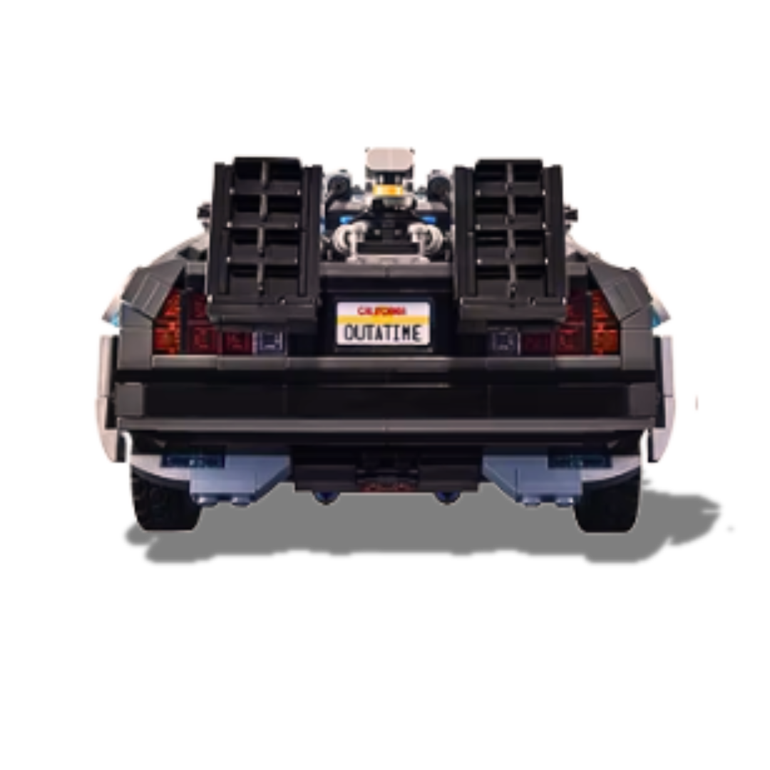 Rear view of the brick-built DeLorean Time Machine model, featuring the iconic 'OUTATIME' license plate, detailed exhaust vents, and flux capacitor components