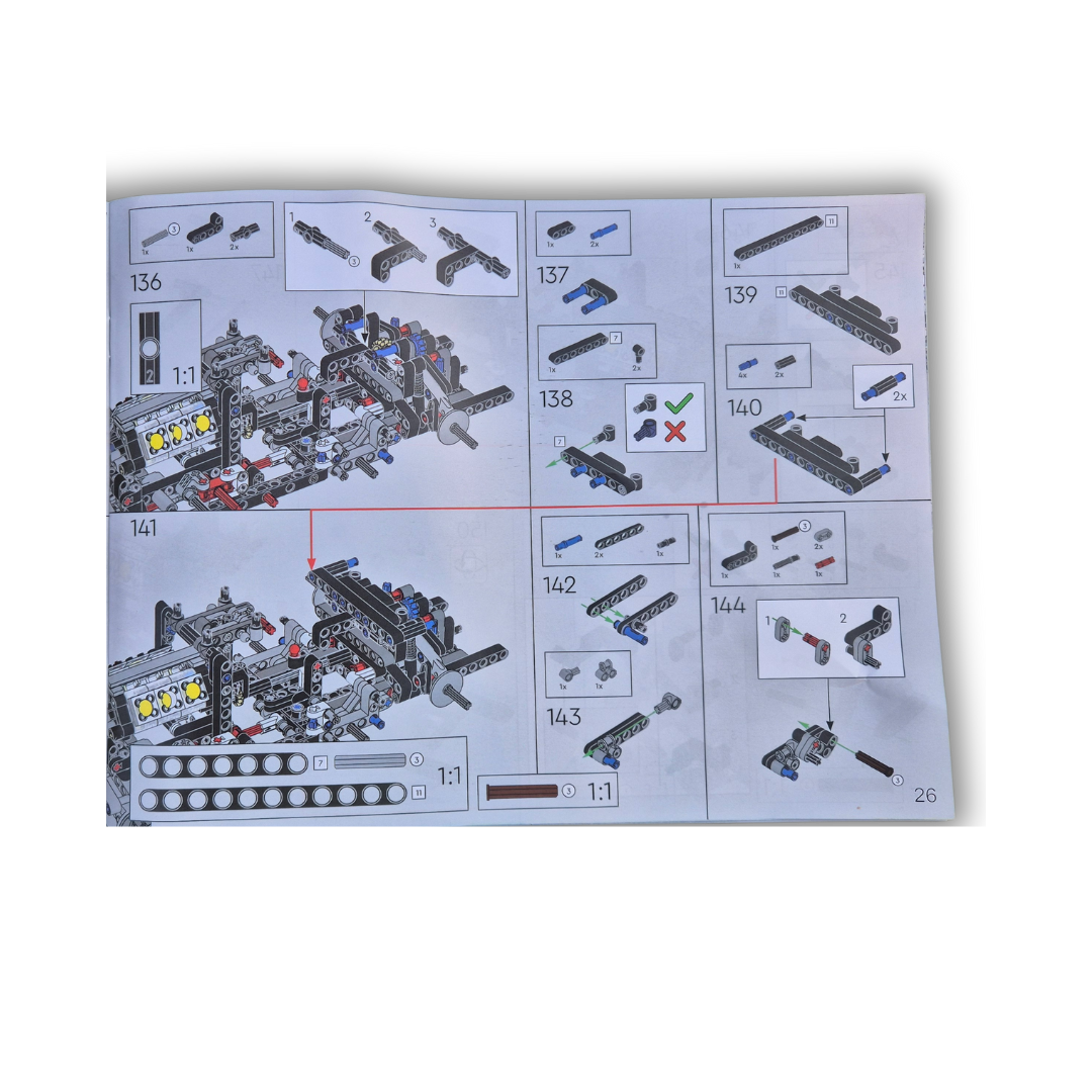 Instruction manual page for the brick-built Ford GT model, displaying detailed step-by-step assembly guides, part illustrations, and component placement instructions