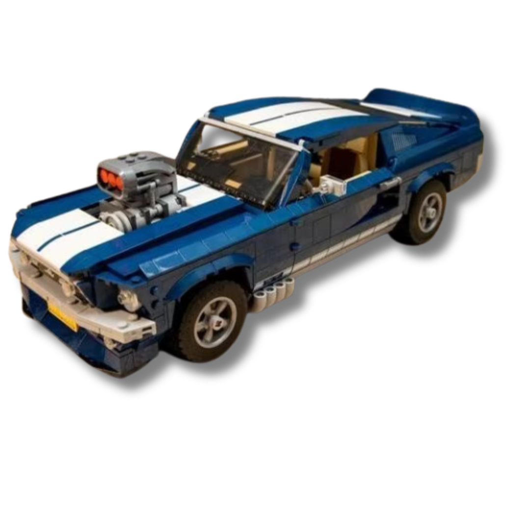 lego alternate builds 1960s Ford Mustang model in dark blue with white racing stripes, featuring a custom supercharger, side exhaust pipes, rear spoiler, and detailed interior