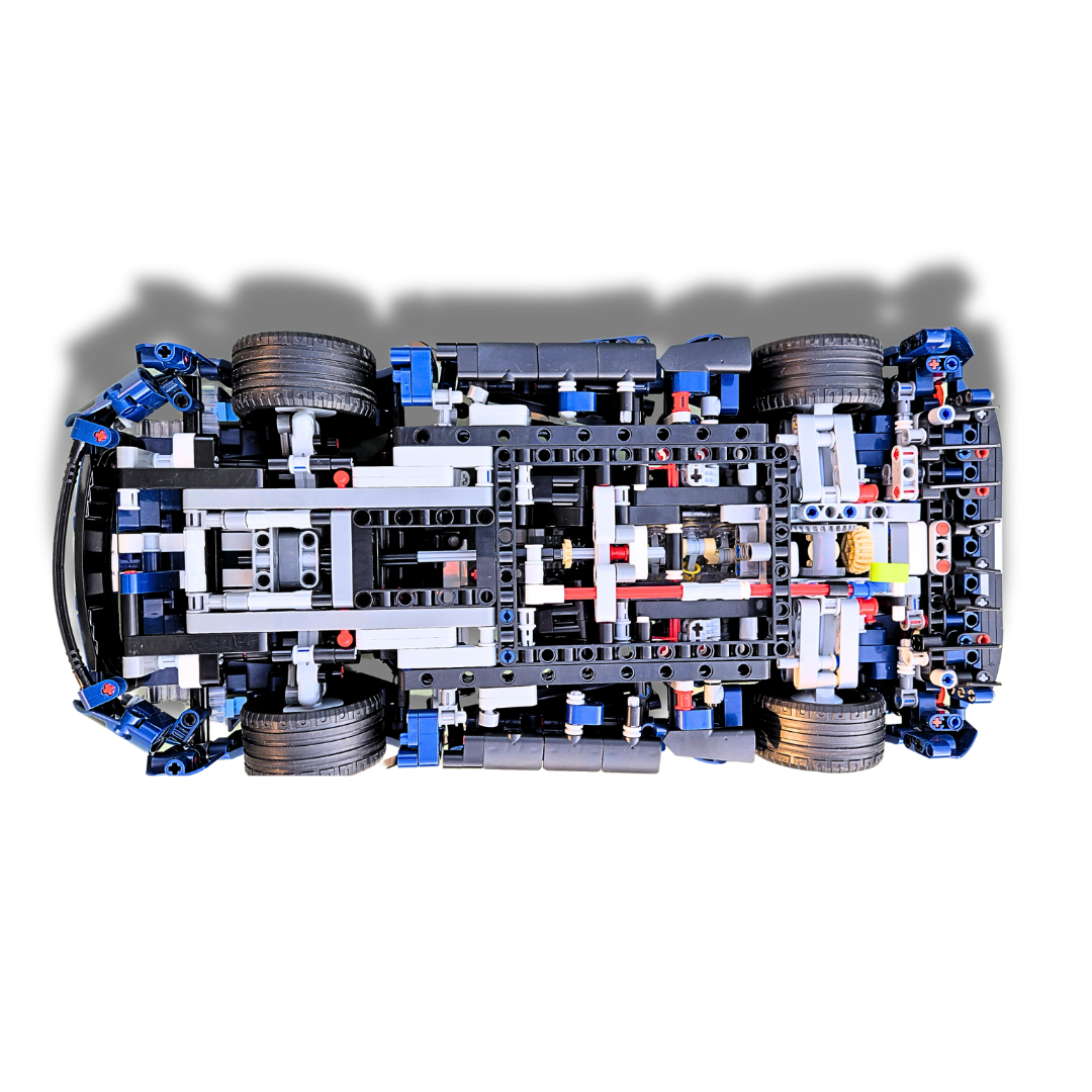 Underside view of the brick-built Ford GT sports car model, showcasing detailed chassis, suspension system, drivetrain, and mechanical components