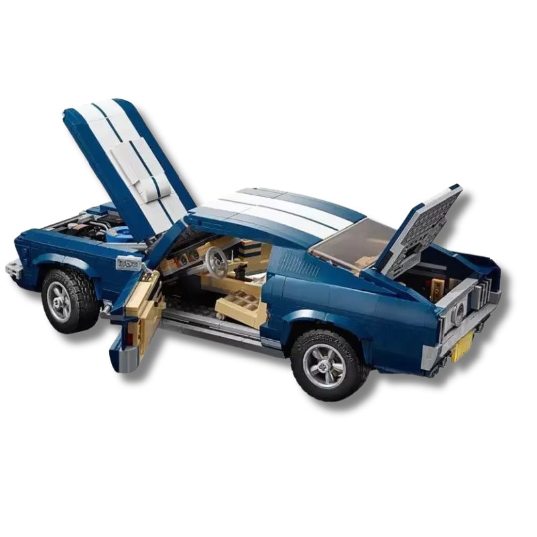 lego alternate builds 1960s Ford Mustang model with open hood, trunk, and doors, showcasing a detailed V8 engine, realistic interior with seats and dashboard, and a spacious trunk