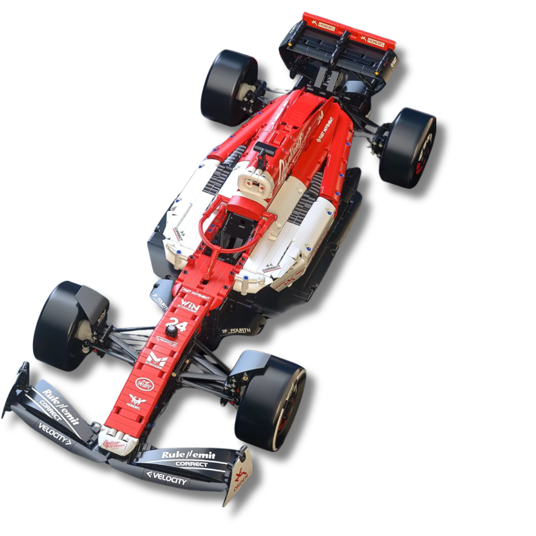 1:8 scale affordable brick-built F1 race car model in red, black, and white, featuring aerodynamic details, realistic tires, front and rear wings, and racing decals