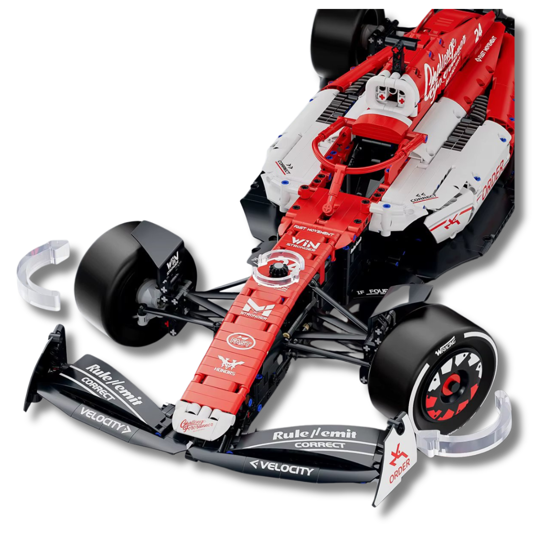 1:8  scale affordable brick-built F1 race car model in red, black, and white, featuring aerodynamic details, realistic tires, front and rear wings, and racing decals