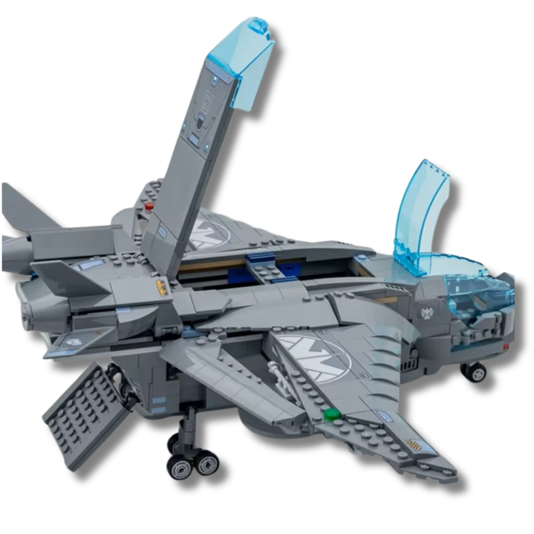 Brick-built Marvel Avengers Quinjet model with open cockpit, rear hatch, and storage compartments, featuring adjustable wings and retractable landing gear