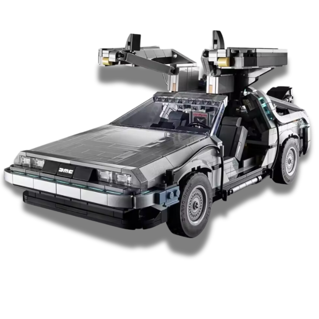 Brick-built DeLorean Time Machine model with iconic gull-wing doors, silver metallic finish, and detailed interior, inspired by the Back to the Future trilogy