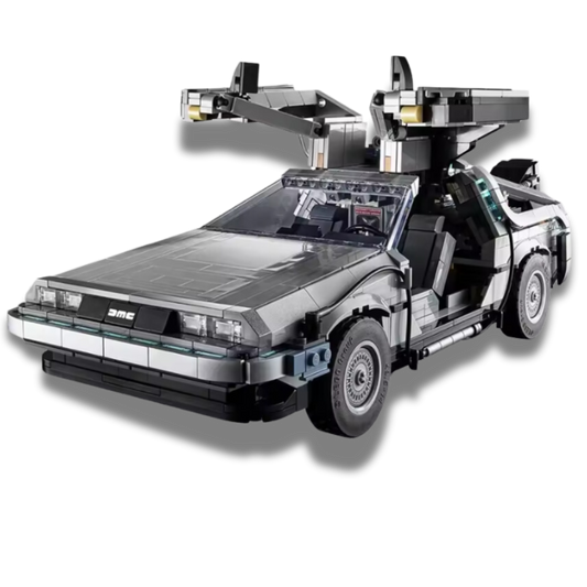 Brick-built DeLorean Time Machine model with iconic gull-wing doors, silver metallic finish, and detailed interior, inspired by the Back to the Future trilogy