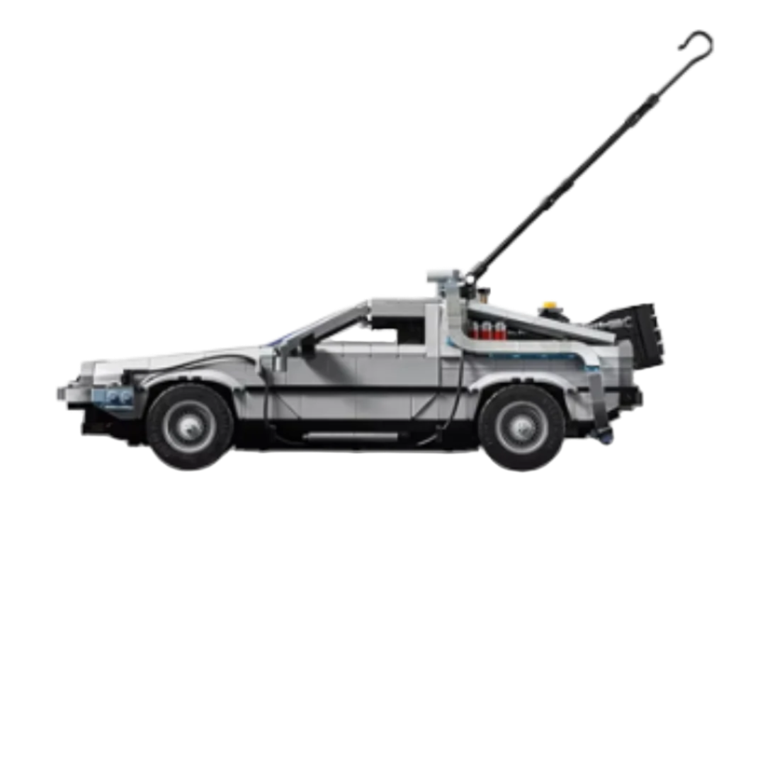 Side view of the brick-built DeLorean Time Machine model, featuring movie-accurate details like the lightning rod hook, flux capacitor components, and futuristic design